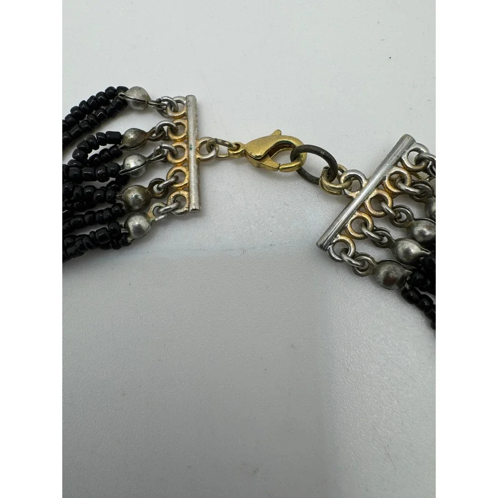 Vintage Multi Strand Black Seed Bead Necklace Colorful Acrylic Floral Porcelain